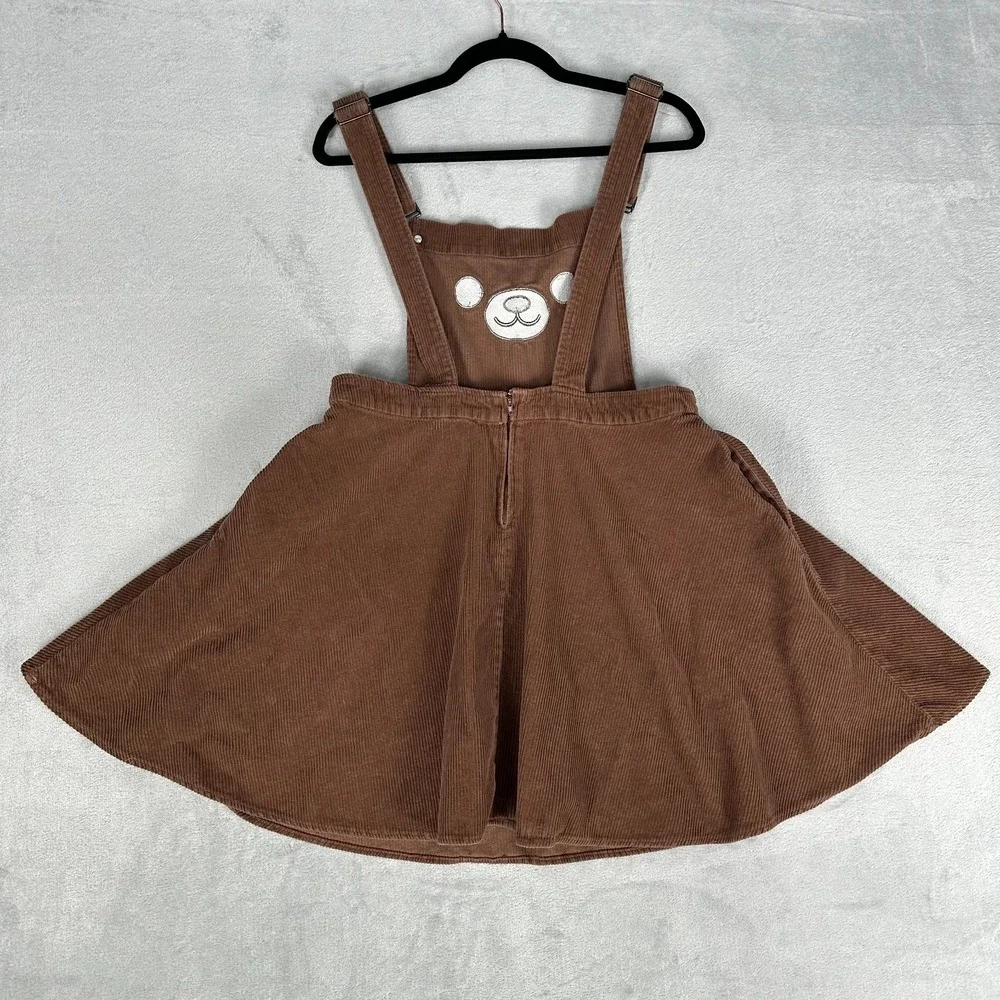 Hot Topic‎ Brown Corduroy Bear Pinafore Overall Dress Skater Skirt Womens Large
